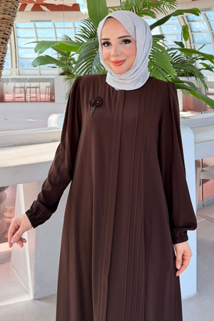 Rabia Göğüs Çiçek Broşlu Nervürlü Ferace 736 - Kahve
