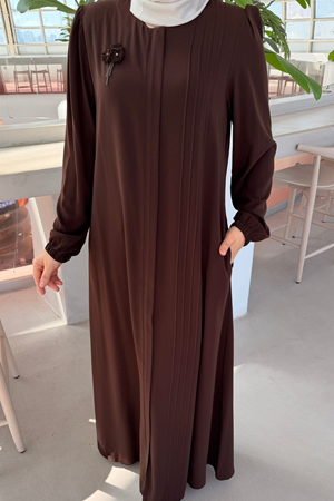 Rabia Göğüs Çiçek Broşlu Nervürlü Ferace 736 - Kahve