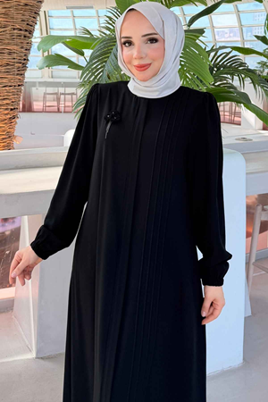 Rabia Göğüs Çiçek Broşlu Nervürlü Ferace 736 -Siyah