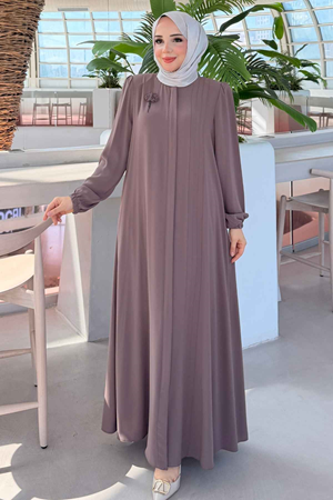 Rabia Göğüs Çiçek Broşlu Nervürlü Ferace 736 -Vizon