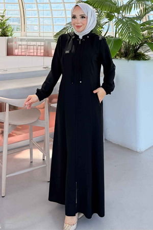 Buhara Kapüşonlu ve Fermuarlı Siyah Spor Ferace 6024