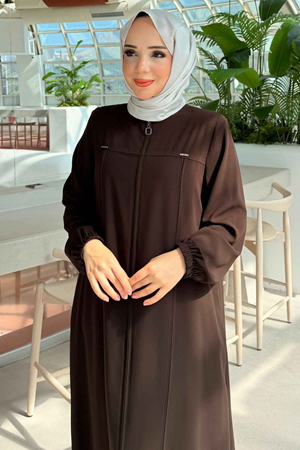 Boydan Fermuarlı ve Metal Detaylı Rabia Ferace 8885 -Kahve