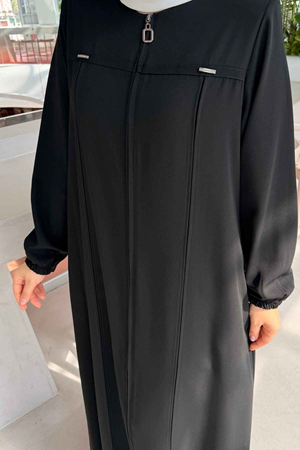 Boydan Fermuarlı ve Metal Detaylı Rabia Ferace 8885 -Siyah