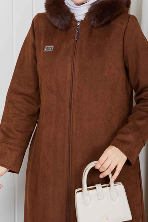 Kürklü Kapüşonlu Süet Uzun Kadın Kaban5022-Taba