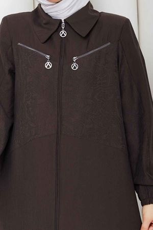  Desenli Fermuarlı Tesettür Ferace 5006 -Kahve
