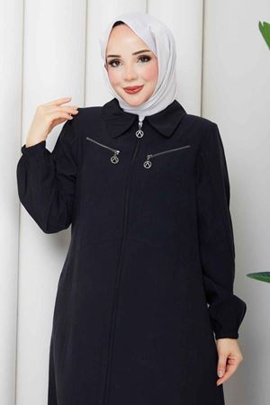 Desenli Fermuarlı Tesettür Ferace 5006 -Siyah