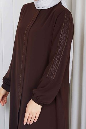 Leopar Şerit Detaylı Fermuarlı Ferace 1096 – Kahverengi