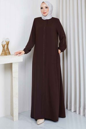Leopar Şerit Detaylı Fermuarlı Ferace 1096 – Kahverengi