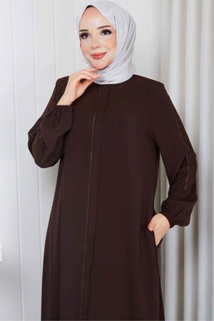 Leopar Şerit Detaylı Fermuarlı Ferace 1096 – Kahverengi