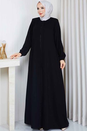 Leopar Şerit Detaylı Fermuarlı Ferace 1096 – Siyah