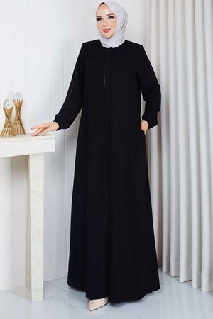Leopar Şerit Detaylı Fermuarlı Ferace 1096 – Siyah