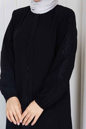 Leopar Şerit Detaylı Fermuarlı Ferace 1096 – Siyah