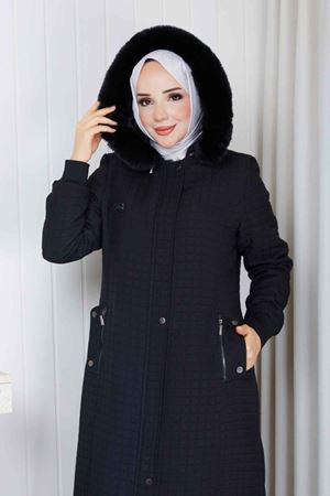 Kürklü Kapüşonlu Kapitone Mont 1007 -Siyah