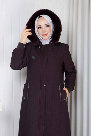 Kürklü Kapüşonlu Kapitone Mont 1007 -Mürdüm