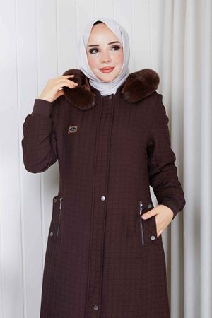 Kürklü Kapüşonlu Kapitone Mont 1007-Kahve