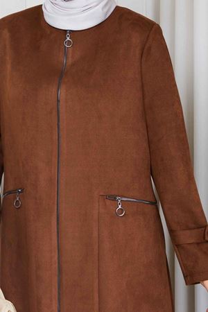 Fermuar Cepli  Süet Kadın Mont 5019 - Taba