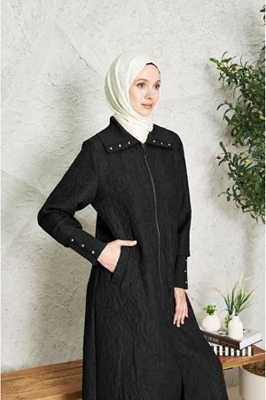 Kabartma Desenli  Fermuarlı kapitone Kap - Siyah