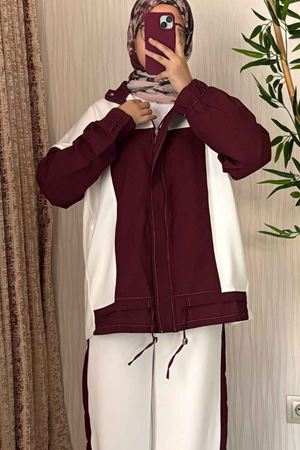 Dynamic Blok Tasarımlı Fermuarlı Spor Takım -Bordo