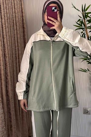 Urban Haki & Krem Çift Renk Bloklu İkili Eşofman Takımı-Haki