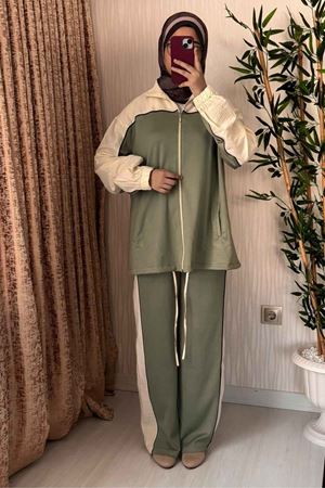 Urban Haki & Krem Çift Renk Bloklu İkili Eşofman Takımı-Haki