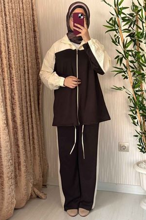Urban Bej & Kahve Çift Renk Bloklu İkili Eşofman Takımı-Kahve