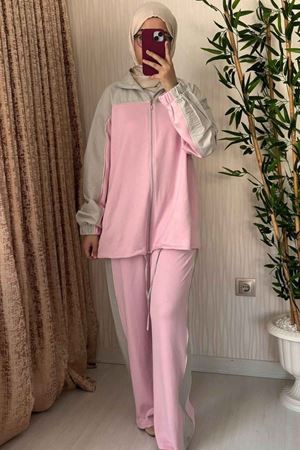 Urban Bej &Pembe Çift Renk Bloklu İkili Eşofman Takımı-Pembe