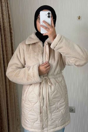 Liva Kürk Yakalı 80 cm Büzgülü Kadın Mont-Krem