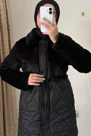 Liva Kürk Yakalı 80 cm Büzgülü Kadın Mont - Siyah