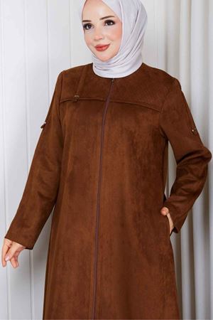 Leopar Şerit Detaylı Süet  Kaban 816 -Taba