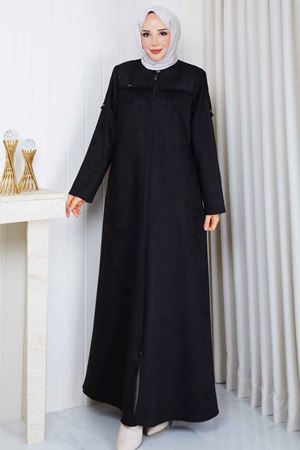 Leopar Şerit Detaylı Süet  Kaban 816 -Siyah