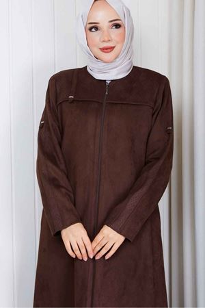 Leopar Şerit Detaylı Süet  Kaban 816 -Kahve