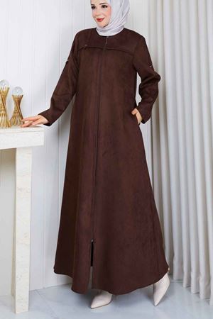 Leopar Şerit Detaylı Süet  Kaban 816 -Kahve