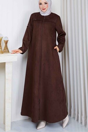 Leopar Şerit Detaylı Süet  Kaban 816 -Kahve