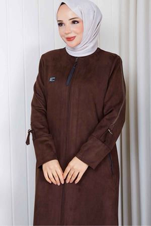 Şerit Detaylı Süet  Kaban 828 -Kahve