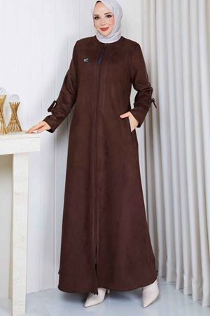 Şerit Detaylı Süet  Kaban 828 -Kahve