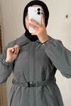 Kürk Yakalı Kemerli 90 cm Kapitone Kadın Mont-Gri